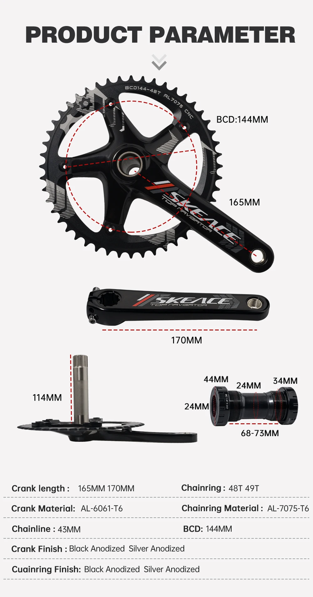 Description Picture 3 of itemSKEACE High Strength Aluminum Alloy Fixed Gear Crank 48T 3D Density Forging Integrated Crankset 144BCD BMX Racing Bicycle Part