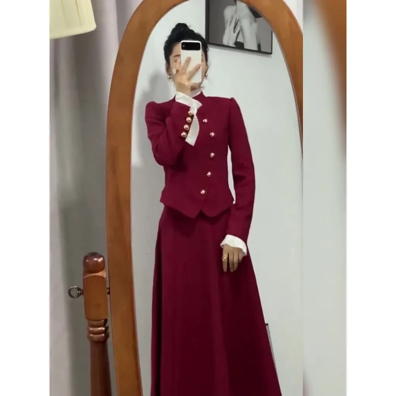 Lnsozkdg 우아한 연예인 레드 퍼프 소매 신년 재킷 및 플리츠 스커트, 한국 패션 레드 2 종 세트, 2024 용수철 가을