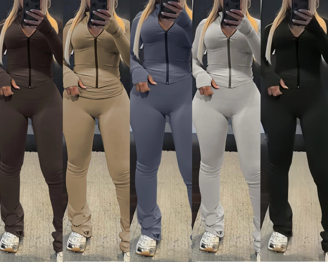 Zweiteiliges Set für Damen, Oberteil mit Reißverschluss, hohe Taille, schmale Passform, Hosenanzug, Sportbekleidung, lässig, Herbst-Winter, Jogging-Outfits für Damen, Set 2024 – Detail 2