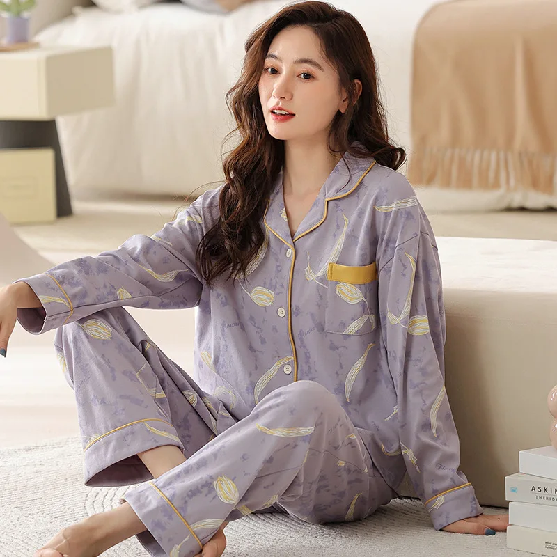 Spring Autumn Women's Cotton Pajamas Long Sleeve Cardigan Pants Oversized Loose Fitting Home Clothing Set Sweet Sleepwear
