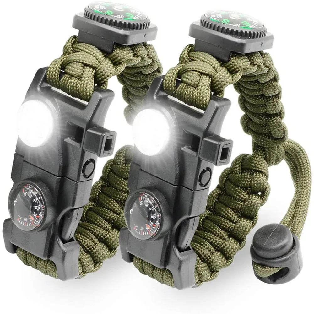 

Survival Kit Outdoor Adventures Paracord Bracelet- Tactical Emergency Gear Kit with SOS LED Light Multitools Compass and Whistle