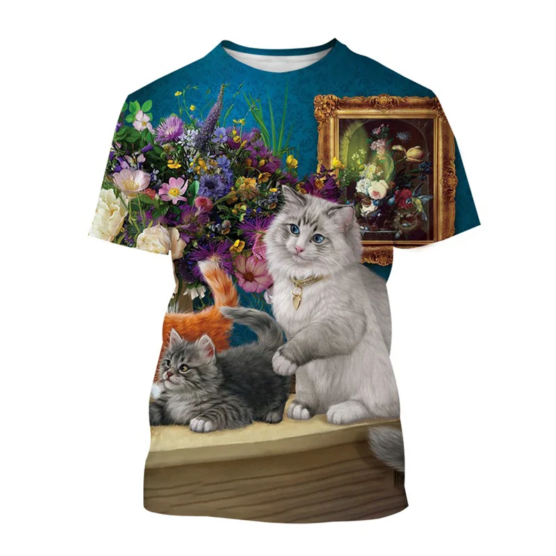 

Футболка мужская с 3D-принтом милого кота, Классическая рубашка с короткими рукавами и круглым вырезом, с рисунком животного, повседневная одежда на лето