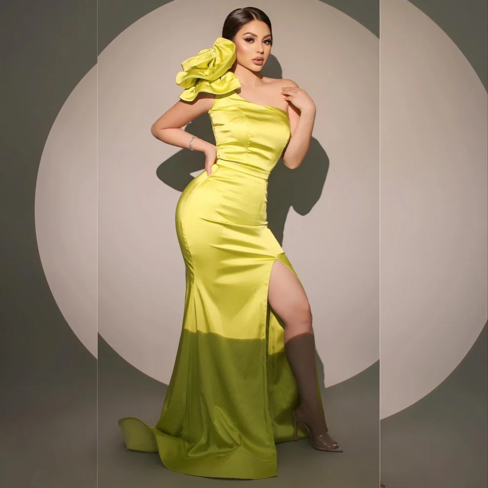 Satin Draped Pleat Flower Party A-line One-shoulder Bespoke Occasion Gown Long Dresses