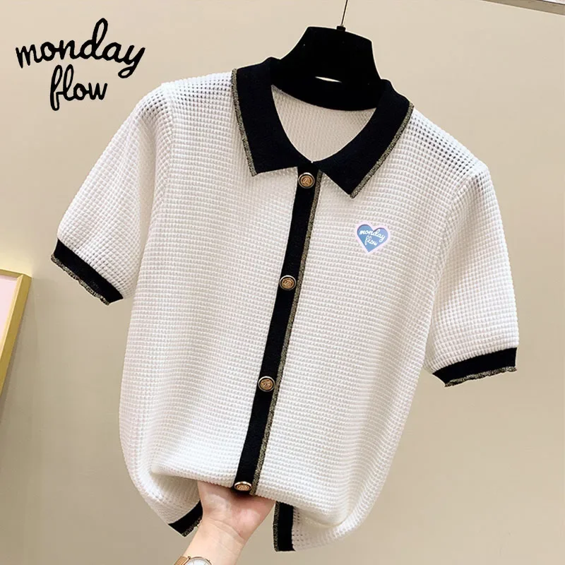 여성용 통기성 얇은 니트 가디건, 반팔 니트 폴로 넥 상의, Monday Flow 여름 골프 의류, 신상 티셔츠