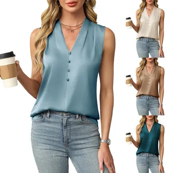 VEITCHE Summer Women Blouses Fashion Elegant Temperament Satin Work Tank Shirts Casual Button V-Neck Sleeveless Vest Top