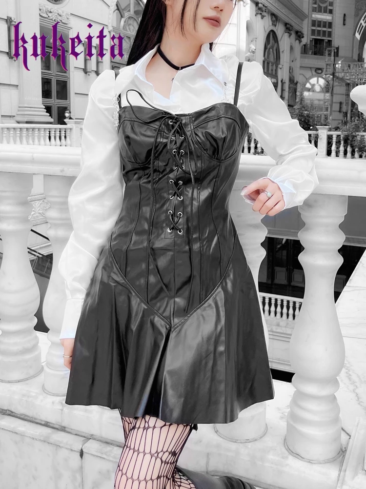 

Женское мини-платье со шнуровкой Goth, черное винтажное платье на тонких бретельках с высокой талией в стиле панк, уличная одежда для девушек и женщин