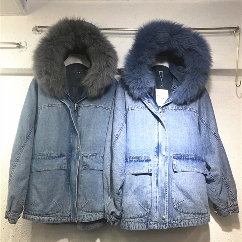 

Женская теплая Новая модная зимняя Толстая Съемная джинсовая куртка 2023, пальто с воротником из натурального меха лисы