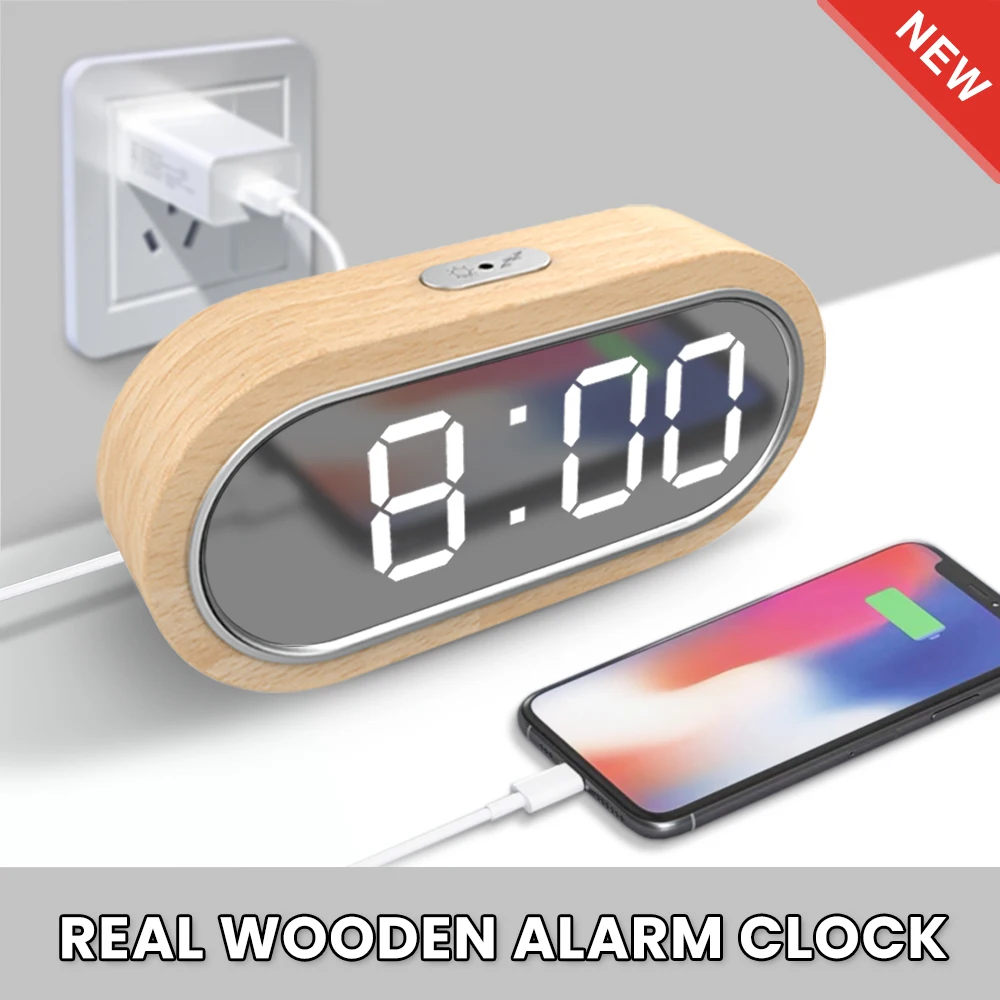 Digital Clock LCD Digital Clock Digital Desk Clock Digital Table Clock Digital Clock Alarm Snooze Table Thermometer Electronic USB charger LED Mirror Wooden Watch Living room Desk Clocks AAA Powered