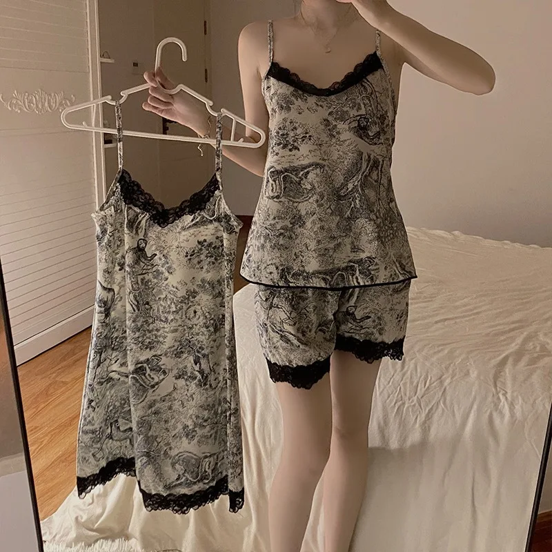 Summer Ice Silk Korean Style Camisole Pajamas Ink Printing Pajama Set Woman Fashion Loungewear Female Sexy Shorts Pajamas