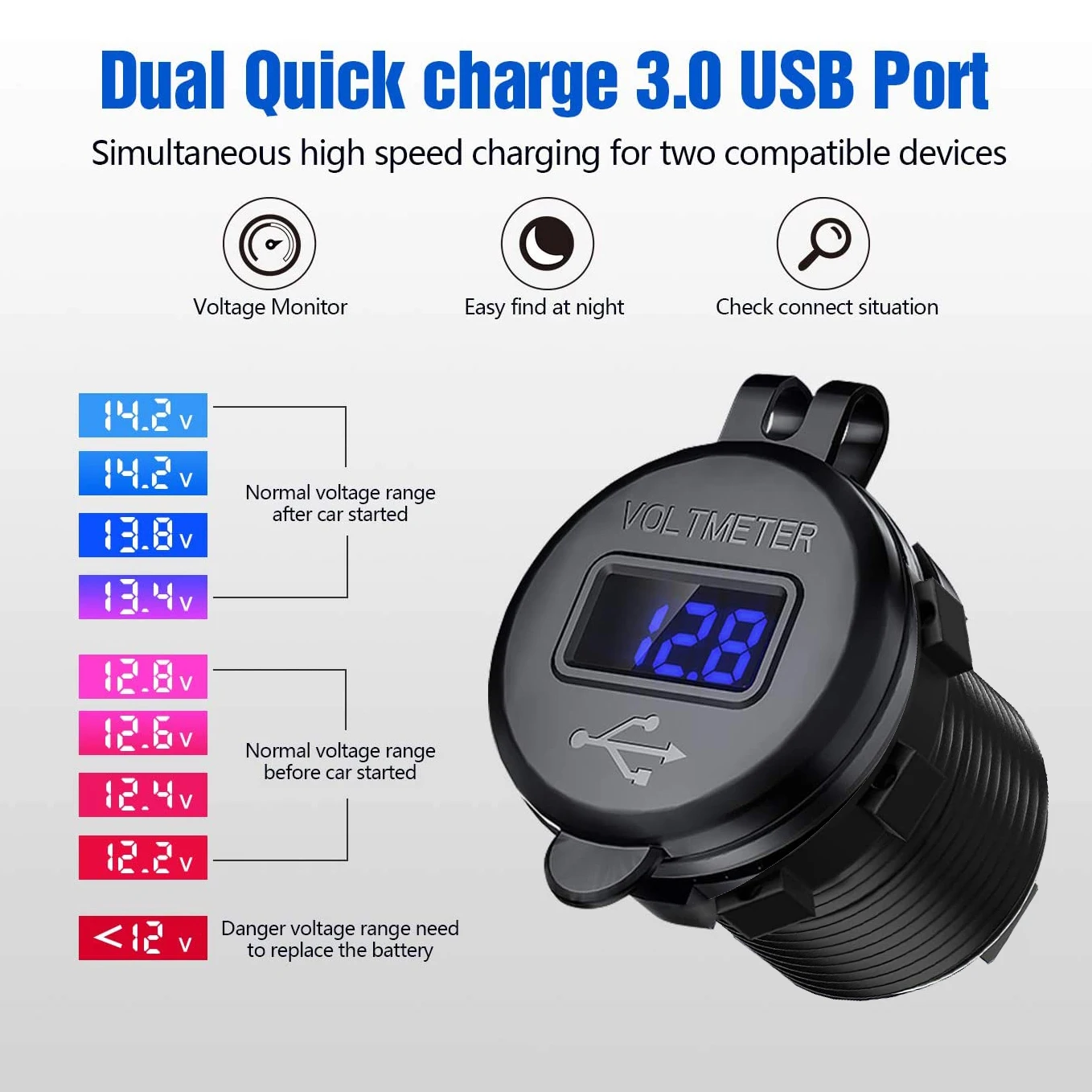 Quick Charger Aluminium QC3.0 Dual Usb Autolader Met Schakelaar Knop Led Voltage Display Voor 12V/24V cars Boten Motorfiets