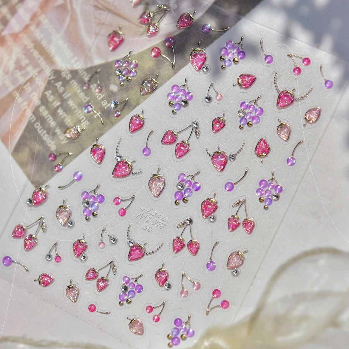 스파클 딸기 핑크 과일 보라색 포도 체리 쿨 리프레시 라인스톤 5D 접착 네일 참 팁 아트 스티커 매니큐어 데칼