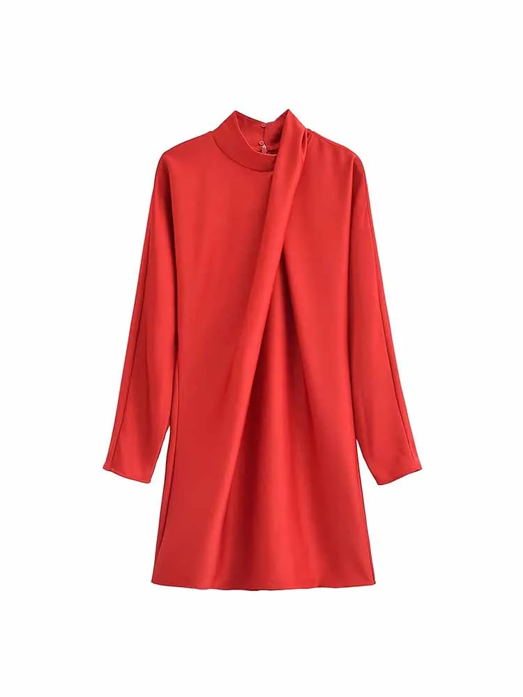 

Women New Chic Fashion Draped Pleated Design Slim Standing Neck Mini Dress Vintage Long Sleeve Female Dresses Vestidos Mujer