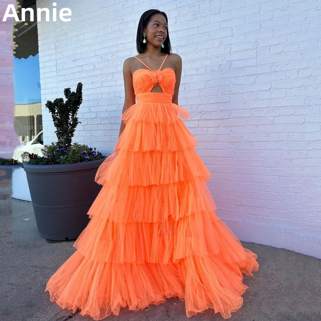 

Annie Orange Color Sweetheart Halter Prom Dresses Tulle Layering Evening Dresses Fairy Graduation A-line Wedding Party Dresses