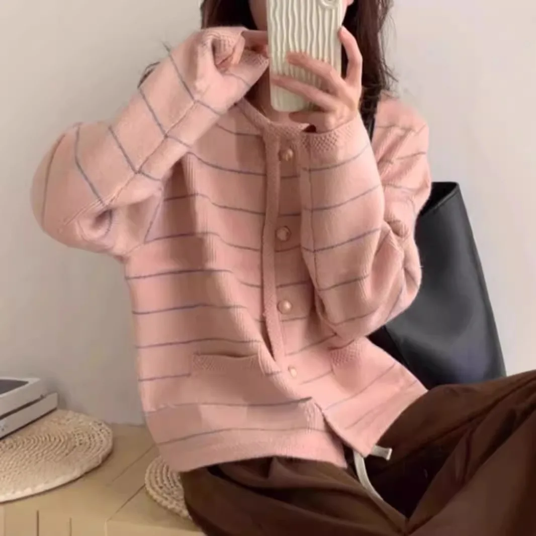Women Striped Knitted Sweater Autumn Spring Vintage Cardigan