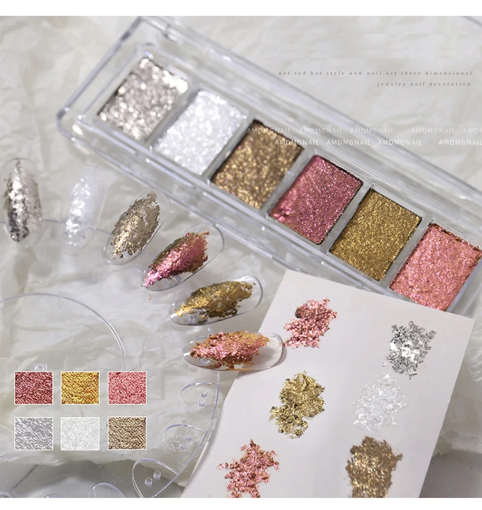 6-Gitter, heller Bling-Schlammnagel, solides Pigment, Kristallopal, Reibstaub, Aurora, Chrom, Glitzer, Paste, Charm, japanischer Maniküre-Blitz – Detail 12