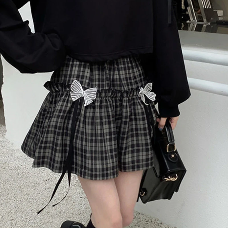 HOUZHOU Kawaii Plaid Mini Skirt Women Bow Preppy Style Lolita Skirts Black Gothic Harajuku High Street Y2k A-line Japanese tweed skirt