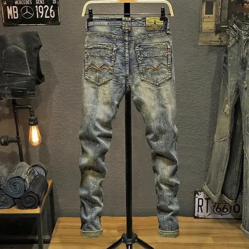 Men's Spring Autumn Casual Slim Jeans Pencil Pants Ripped Distressed Korean Vintage Retro Brand Beggar Trousers