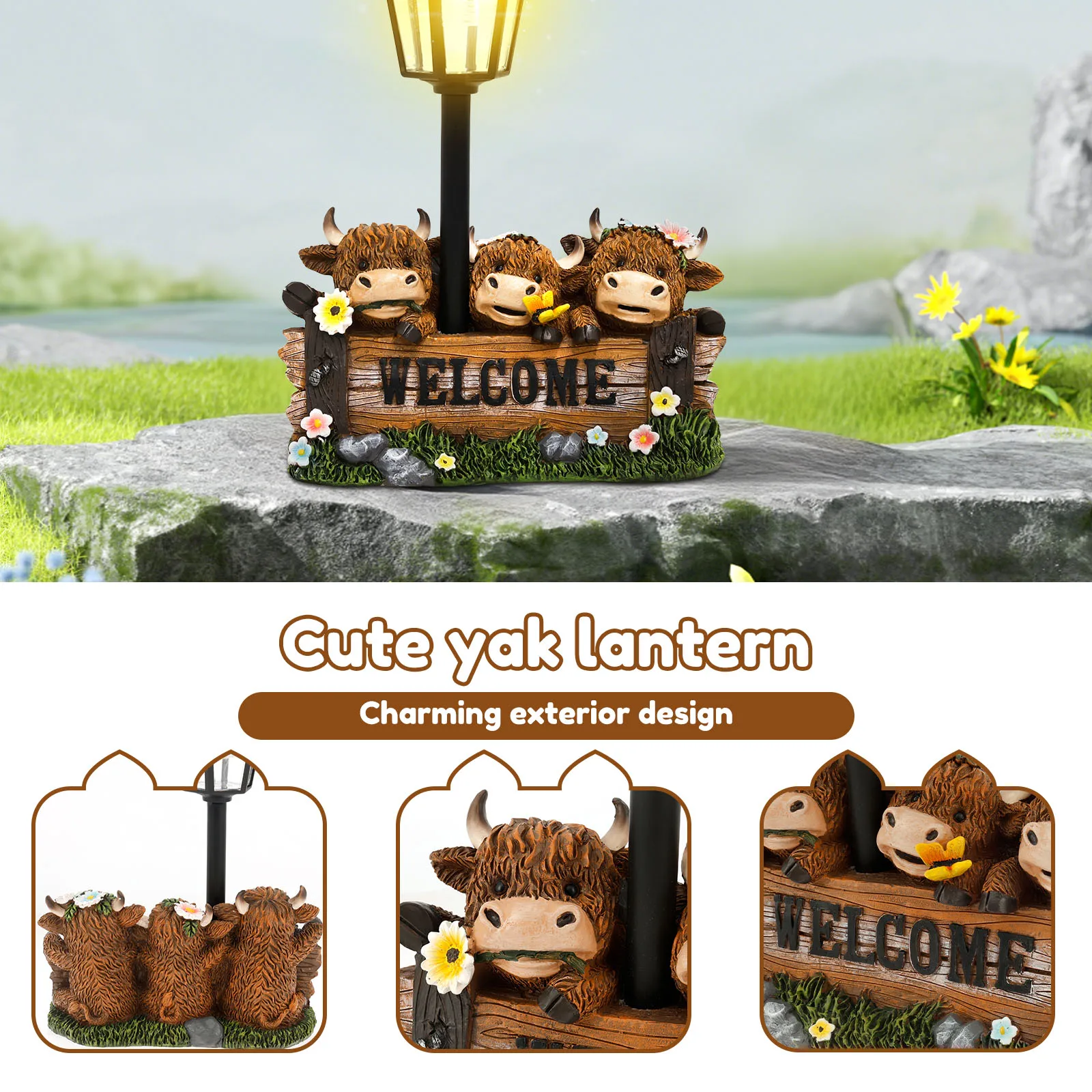 Solar LED Resin Cow Garden Statue Outdoor Lamp