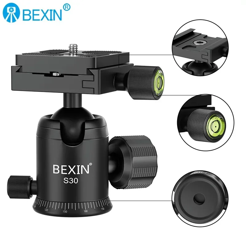 BEXIN S-30 CNC Panorama Tripod Ball Head Aluminum Alloy Material Max. Load 5KG 360 Degree Rotation with 1/4 3/8 Inch Screw Hole