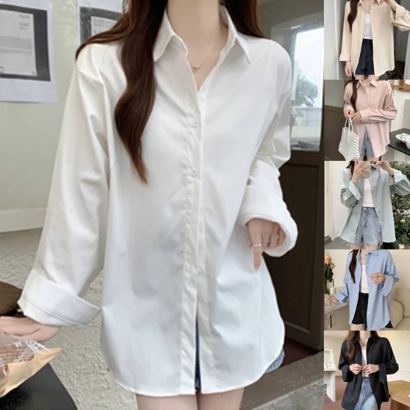 

Women's Long Sleeve Shirt Casual Loose Solid Color Button Top Blouses Perfect for Fashion Forward Individuals N7YF