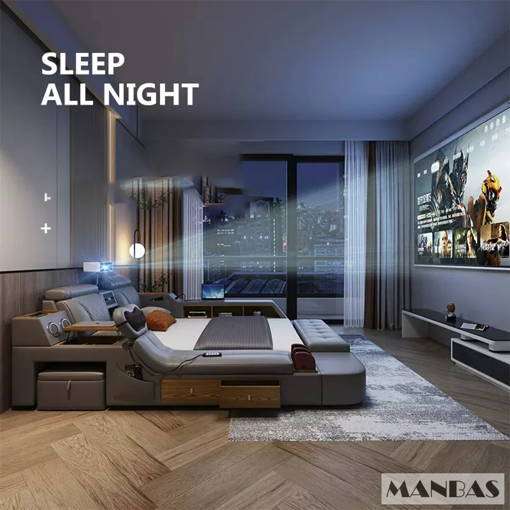 MINGDIBAO Tech Smart Bed-the Ultimate Multifunctional Bedframe with Genuine Leather, Massage, Speaker, Projector, Air Purifier