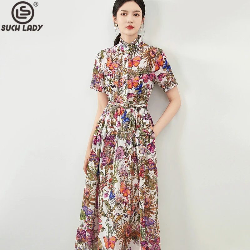 

Women's Runway Dresses Ruffled Collar Short Sleeves Floral Printed Single Breasted Elegant Fashion Casual Vestidos