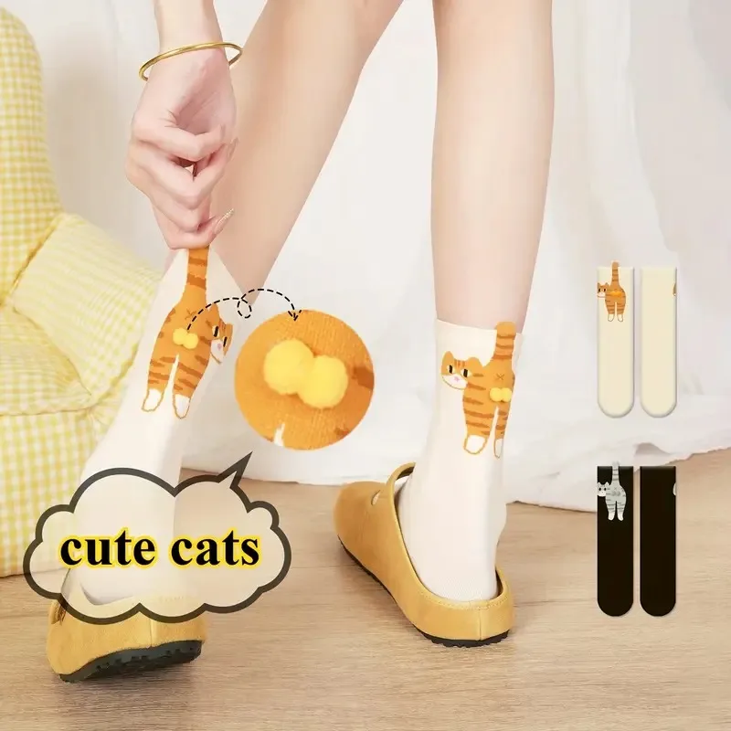Soft Cotton Crew Socks for Women with Cartoon Cats