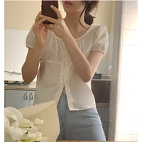 Cotton Crop Tops Blusas Woman Summer Cute Sweet Japan Style Girls Retro Vintage Casual Single-Breasted Button Short Shirts - Image 2