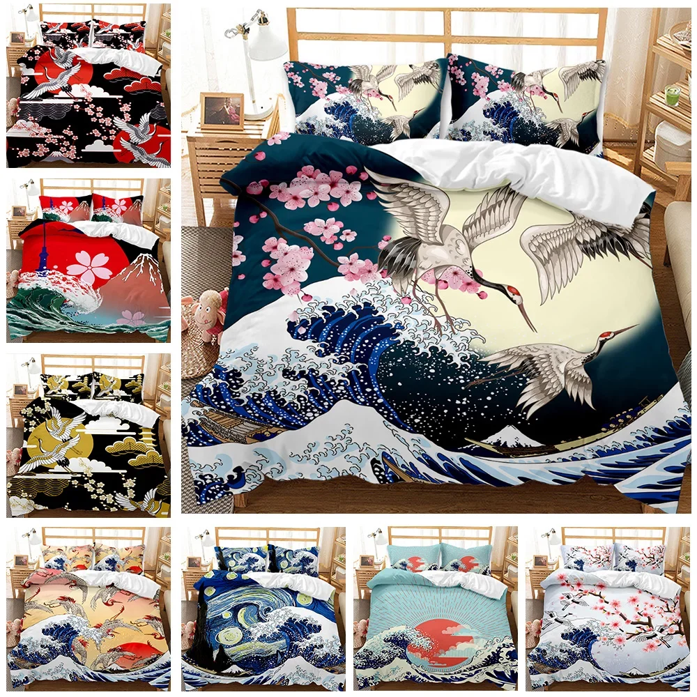 Trösterbezug-Set im japanischen Stil, Kirschblüten, Kranich, 2/3-teiliges Polyester-Bettwäsche-Set, Meereswellen, Bettbezug-Set, Twin Queen Size – Detail 3