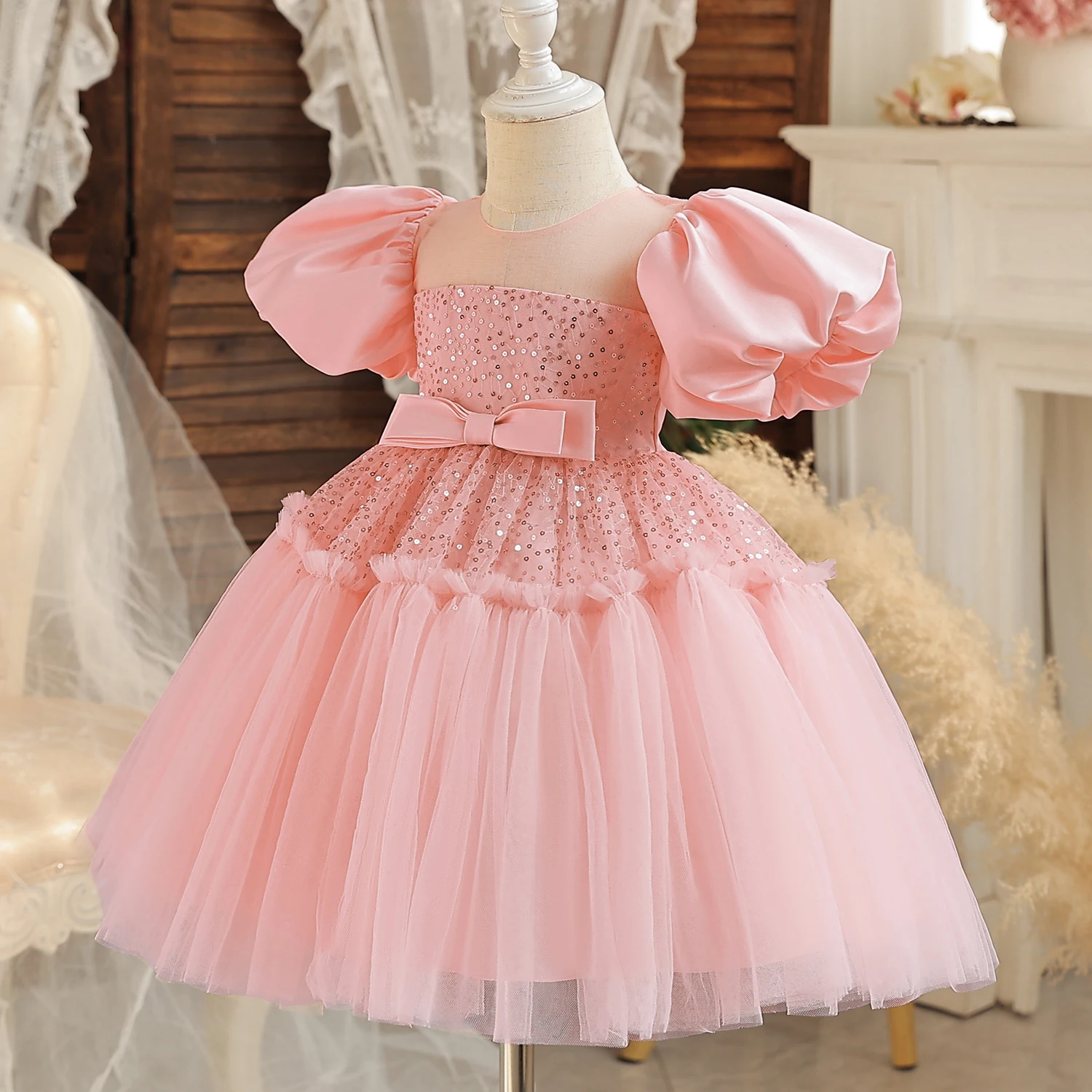 12MCuteBabyPinkBowTutuGownGirlSequinBirthdayPartyDressSummerInfantPuffSleeve.jpg