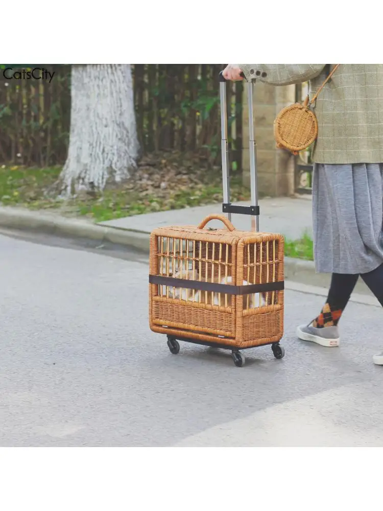 Handmade Rattan Cat Outing Trolley Bag, Labor-Saving, Universal Wheel Trolley Case, Breathable Basket, Pet Supplies