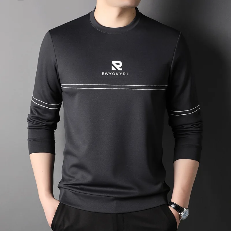 Spring and Autumn Men's Solid Stripe Sweater Round Neck Pullover Sweatshirt Long Sleeve T-shirt Fashion Casual Vacation Tops