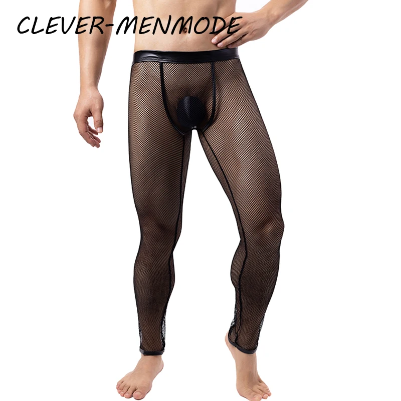 CLEVER-MENMODE Sexy Fishnet PU See-Through Transparent Trousers Men's Porn Mesh Leggings Sissy Exotic Pajama Pants