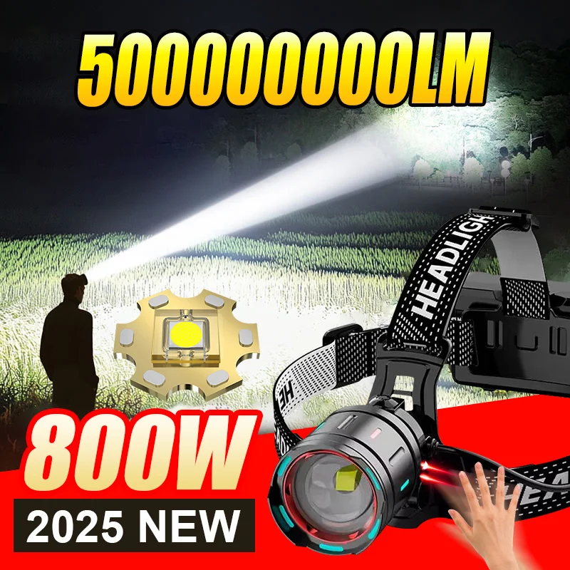 Nouvelle lampe frontale LED 800W 500 millions lumens zoomable 2025 pour pêche chasse