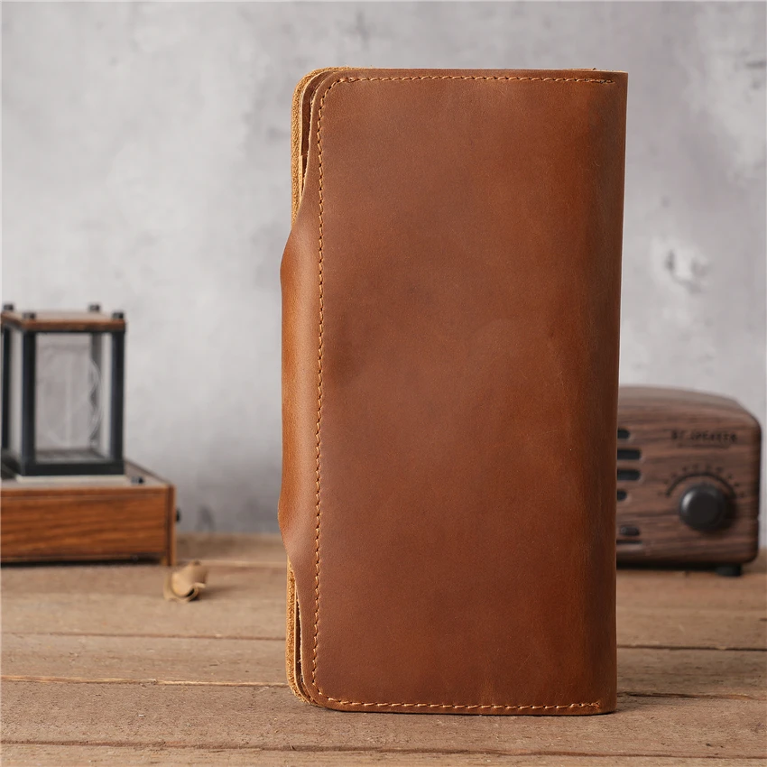 Retro Genuine Leather Cowhide Crazy Horse Men's Long Wallet Thin Cash Money Card Photo Coin Purse Holder For Man Gift