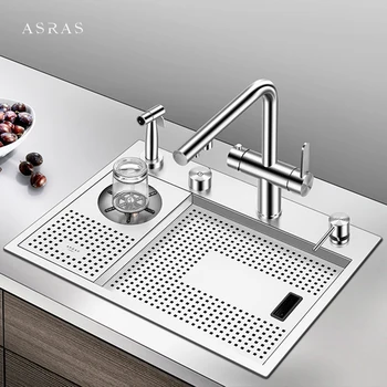 ASRAS Island ซ่อนอ่างล้างจาน 304 สแตนเลส 4 มม.ความหนา Handmade Brushed Sink แรงดันสูงถ้วยเครื่องซักผ้าอ่างล้างจาน 1