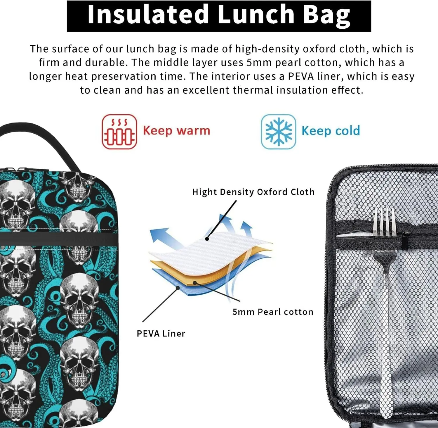 Octopus Sugar Funny Skull Halloween Insulated Lunch Box For Women Man, Portable Lunch Bag Reusable Cooler Tote For Office
