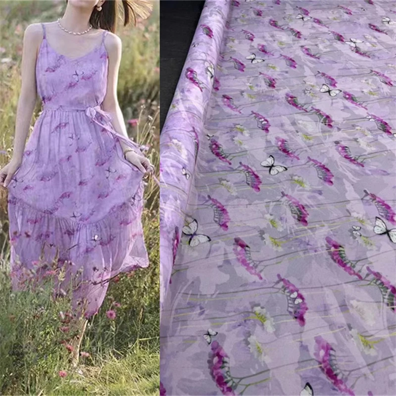 

Hot Summer Spray Printed Purple Georgette Silk Chiffon Sheer Fabric DIY Women's Clothing Pure Silk Fabric Tulle Material By Yard