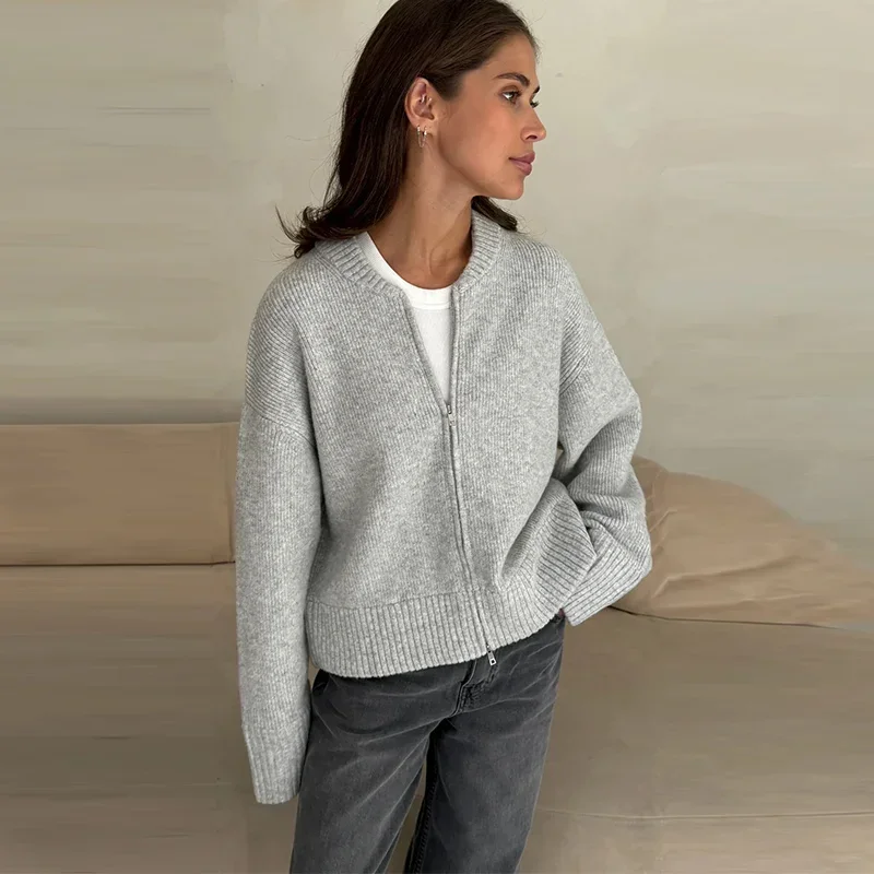 Autumn Winter Zipper O-neck Knitted Cardigans Women Solid Loose Long Sleeve Sweater Top Fashion Lady All-matching Knitwear