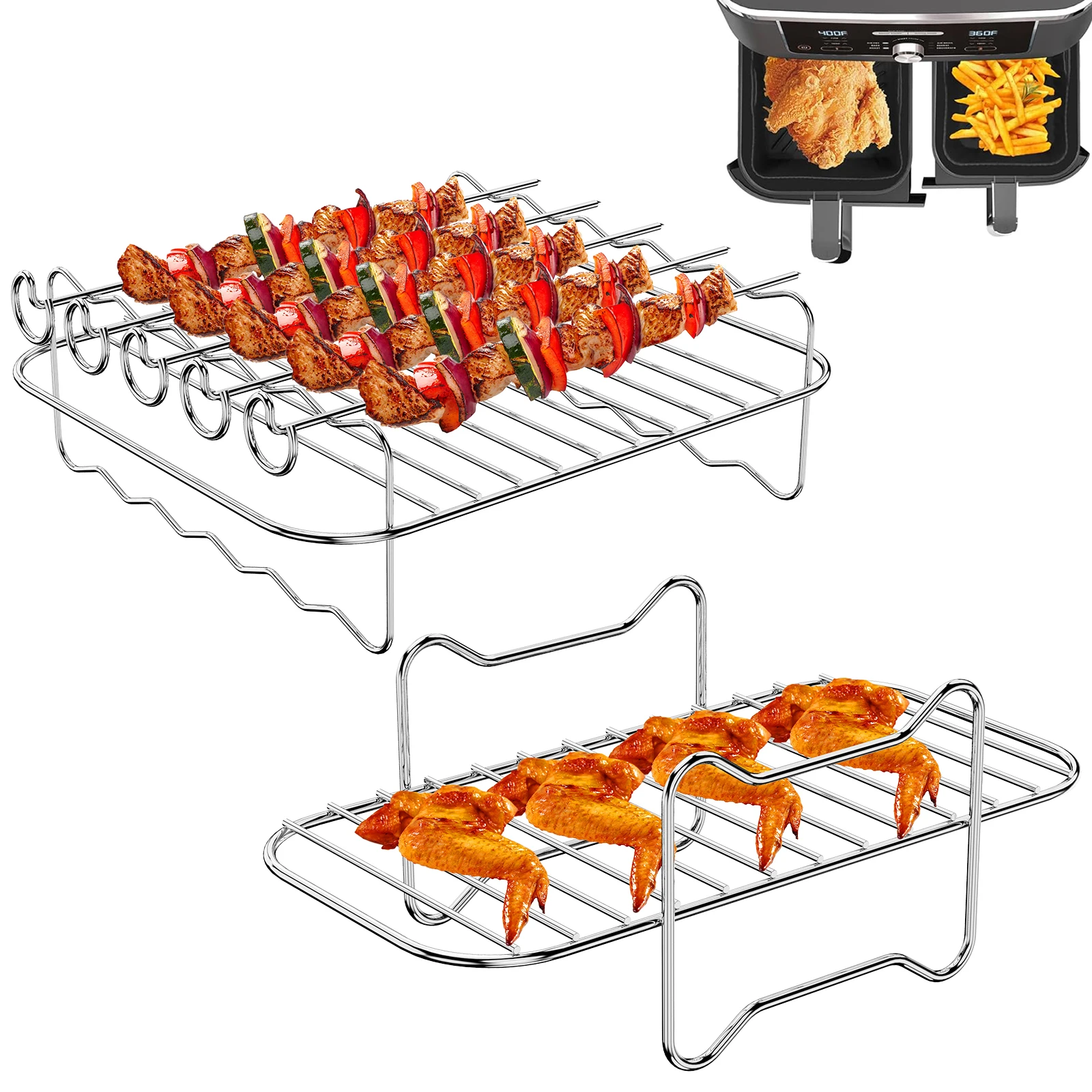 

2Pcs Air Fryer Racks with Skewers Stainless Steel Air Fryer Skewer Rack Reusable Air Fryer Grill Rack Dishwasher Safe Air Fryer