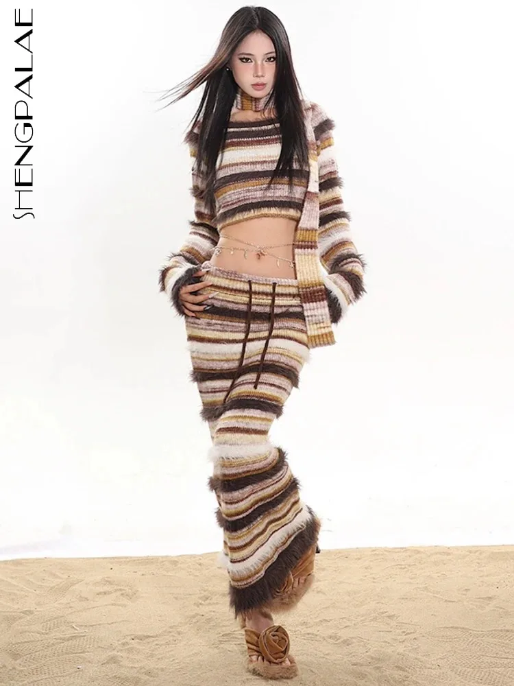 

SHENGPALAE Striped Knit Two Piece Set Fashion Contrast Color Short Sweater Plush Spliced Straight Skirt Spring 2024 New 5R8793