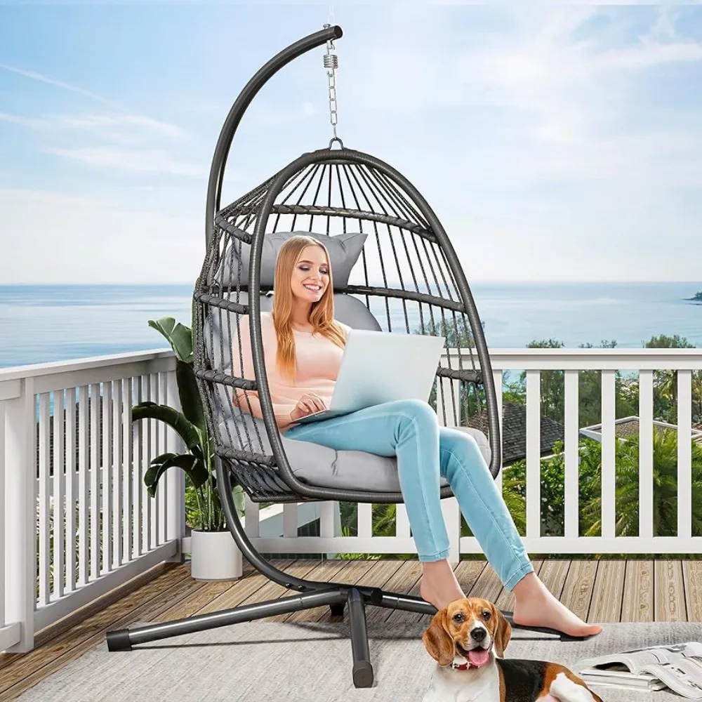 

Hanging Egg Swing Chair with Stand Wicker Outdoor Hammock Cushions 330lbs for Patio,Garden and Balcony,Dark Gray(Stand Included