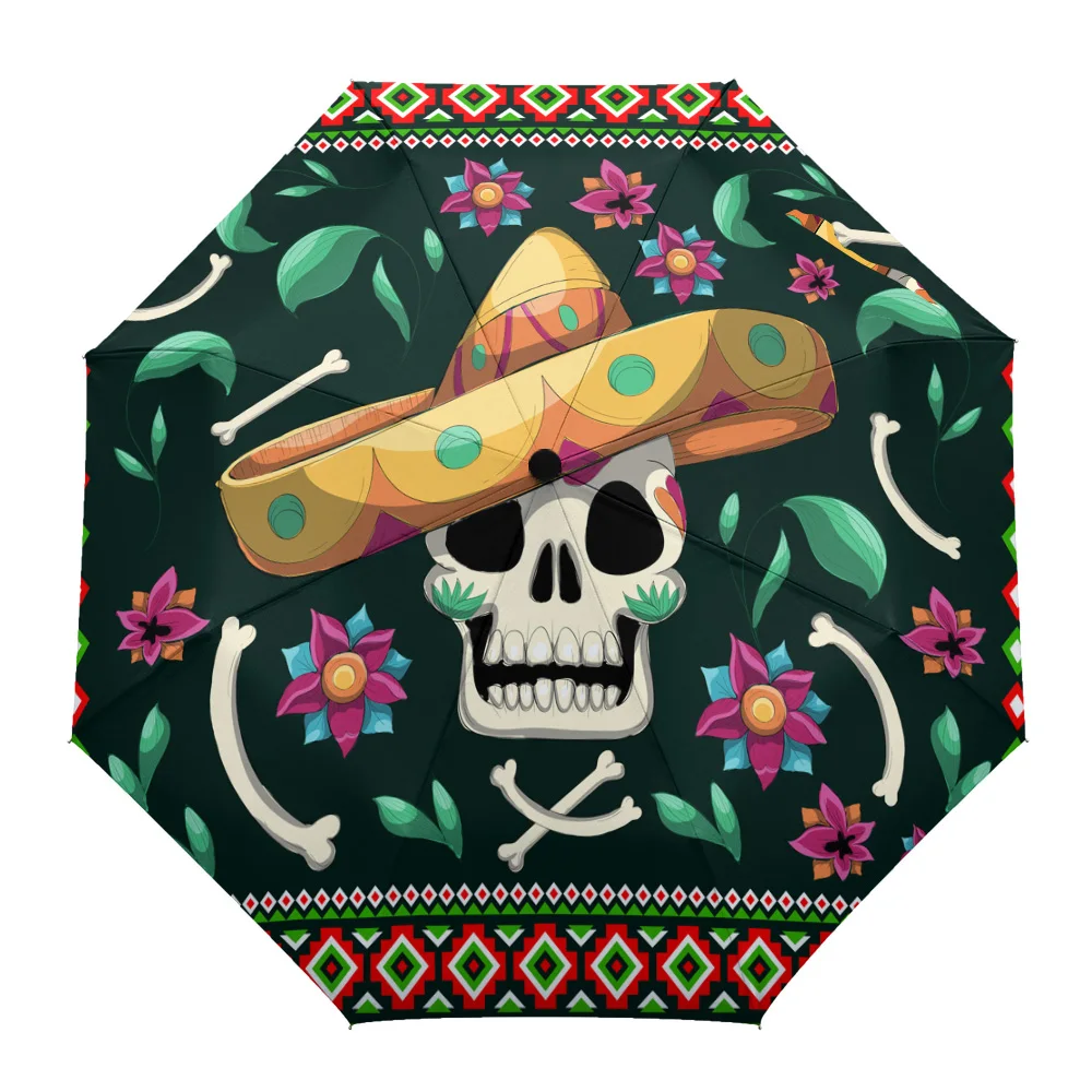 Mexican Skull Straw Hat Print Women Men Rain Umbrella Three Folding