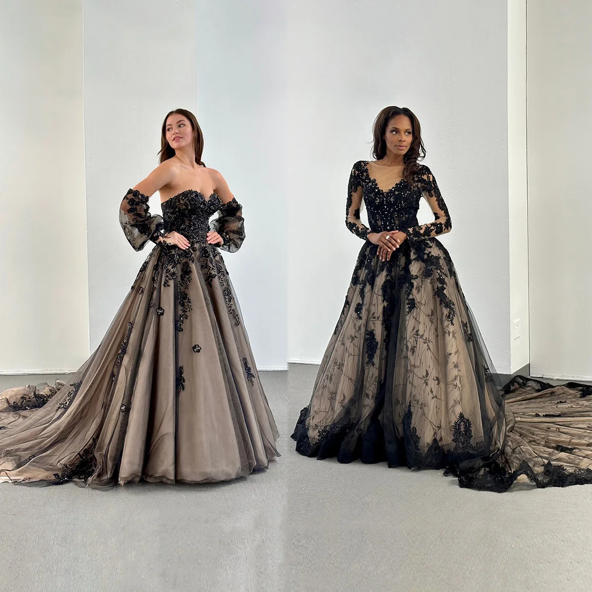 

Elegante Black Tulle Evening Dress Sexy V-Neck Prom Dresses Sweep Train 3D-Appliques Party Special Occasion Gowns Customized