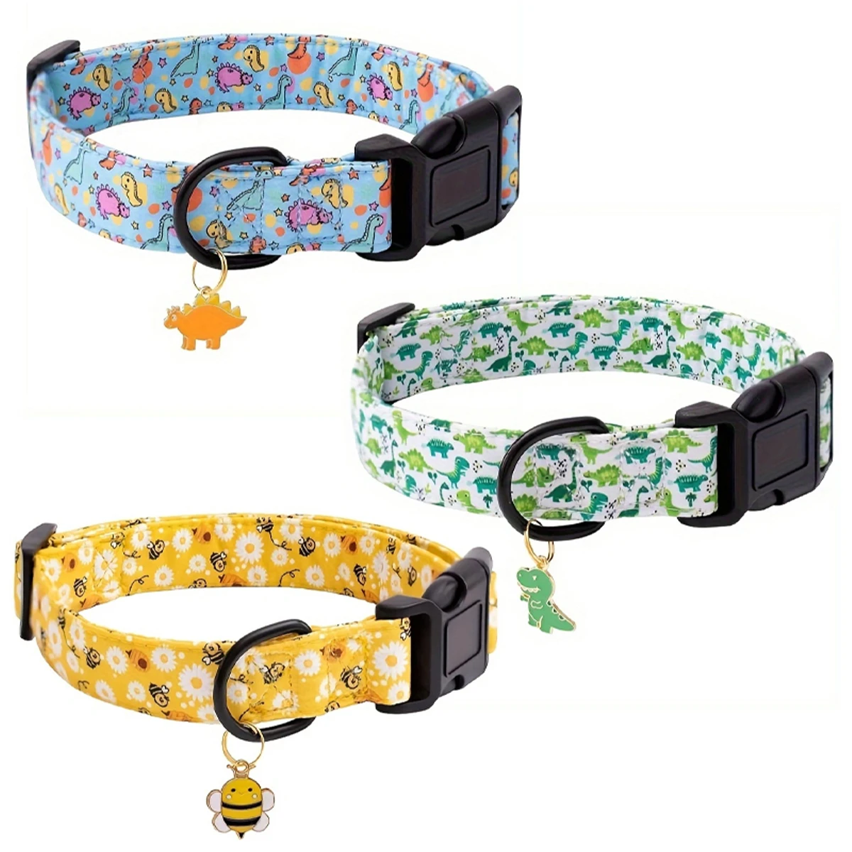 Pet Dog Collar Bee and Dinosaur Printing with Metal Pendant for Dogs Puppy cats dog collar pet collar