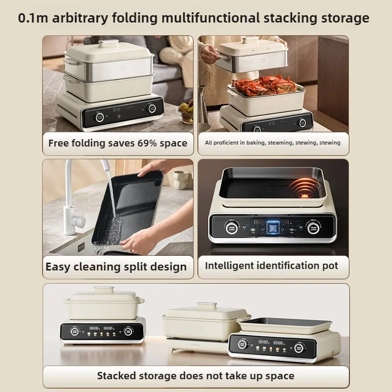 220V Foldable Electric Hot Pot Electric oven Multifunctional Cooker Household Barbecue Maker Electric Steaming Cooker Frying Pan 6