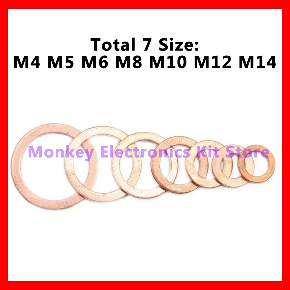 Copper Washer Set 50/100/120/200 Pcs Copper Washer Sealing Gasket Flat Ring Seal Assortment Kit M4 M5 M6 M8 M10 M12 M14 For Sump Plugs