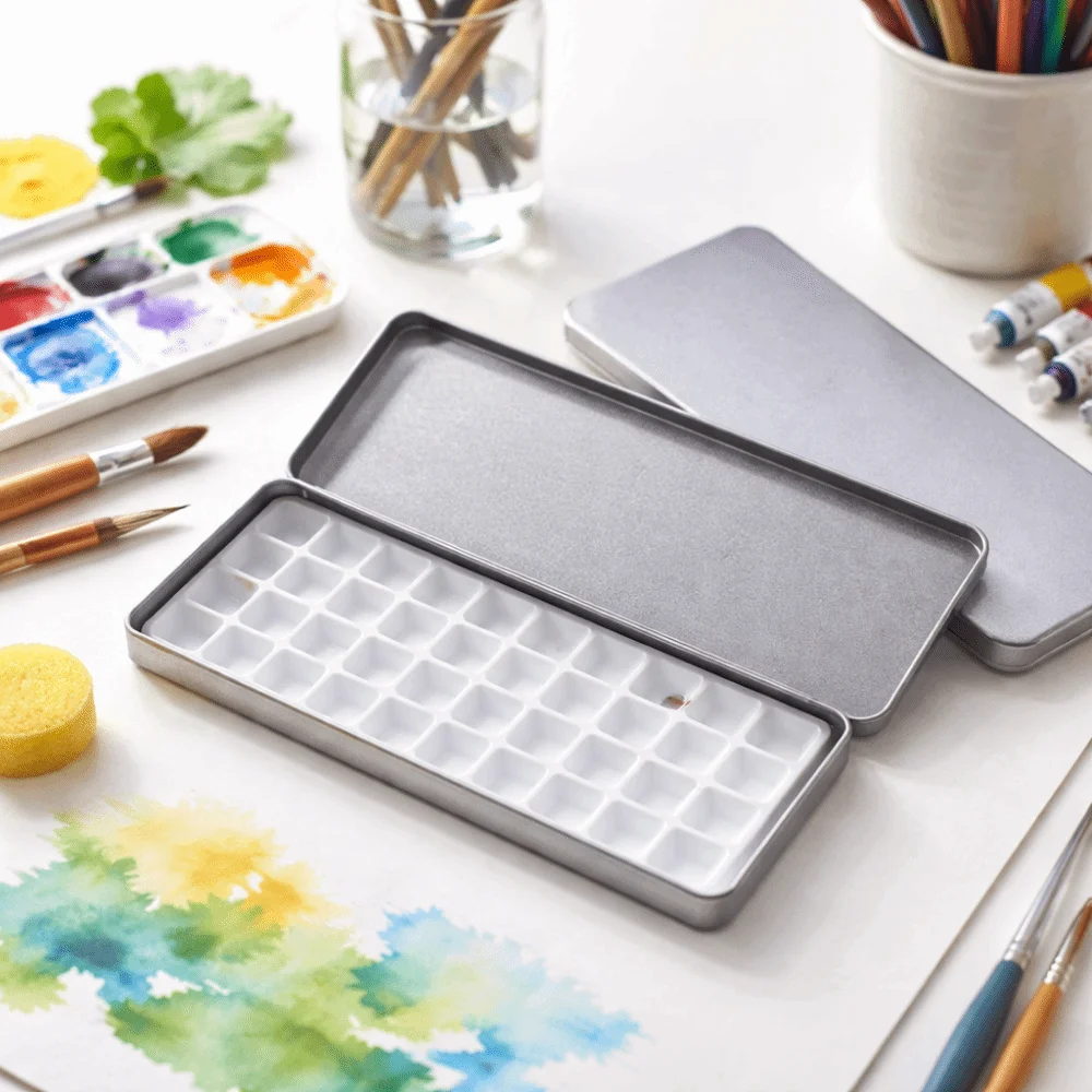 실버 컬러 수채화 포팅 박스 휴대용 빈 페인트 트레이 분리형 틴 박스 페인트 팔레트 박스 페인팅 도구