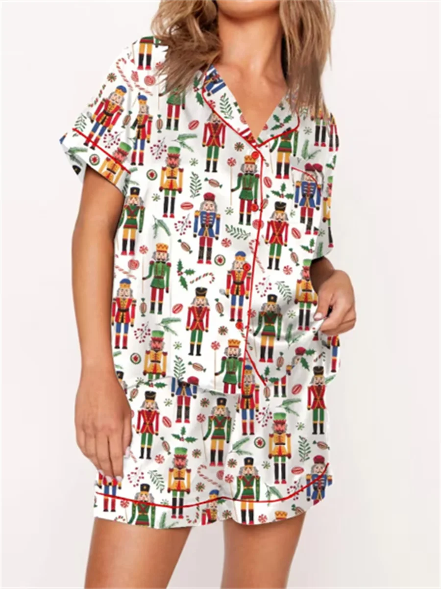 2025 Women Christmas Pajama Set Nutcracker Printed Short Sleeve Button