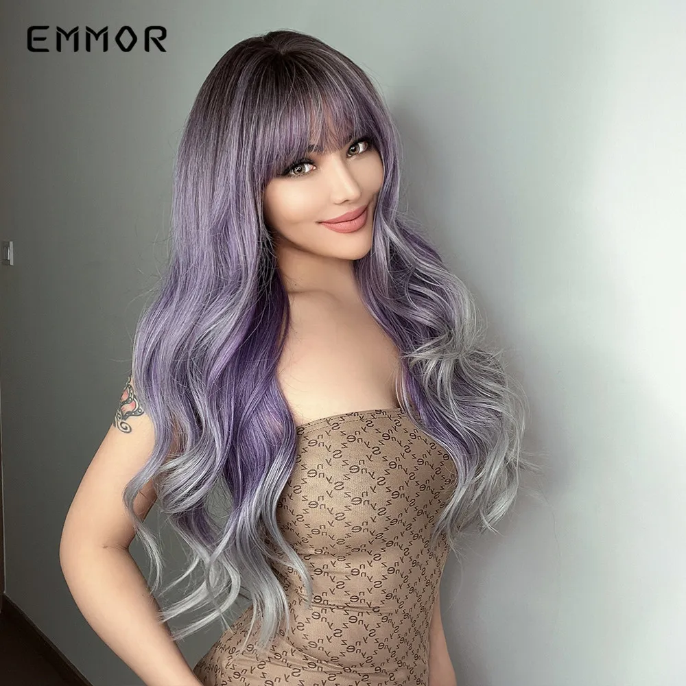 Emmor Synthetic Ombre Purple to Silver Wigs Natural Blond Wavy